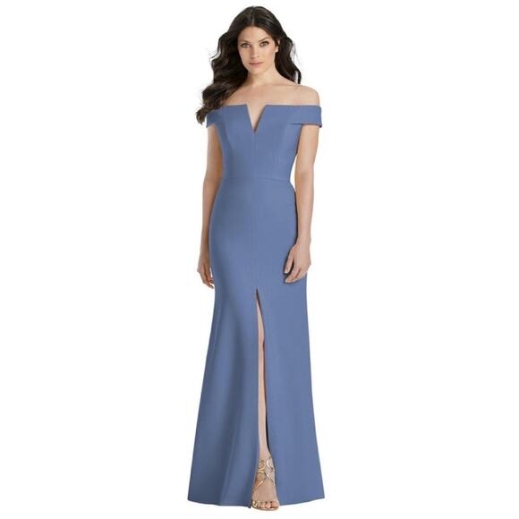 DESSY Off The Shoulder Notch Crepe Trumpet Gown In Larkspur Blue